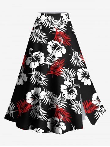 Plus Size Two Tone Tropical Leaf Hibiscus Flower Print Hawaii Split A Line Skirt - BLACK - L