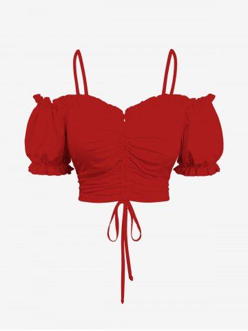 Plus Size Cold Shoulder Puff Sleeves Cinched Solid Ruffles Top - RED - 4X