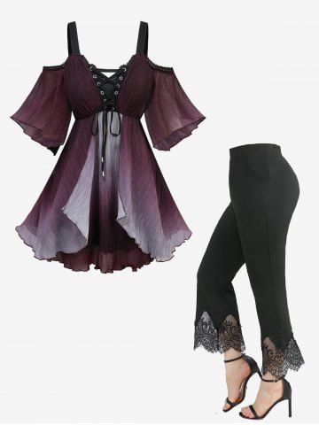 Lace-Up Ruffles Ombre Cold Shoulder Blouse and Scalloped Tassel Pockets Flare Pants Plus Size Outfit