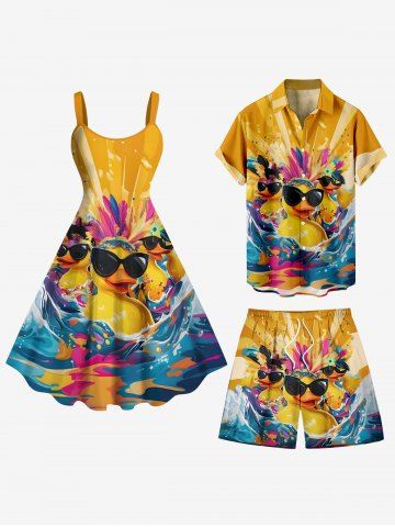 Cool Duck Feather Sea Waves Print Plus Size Matching Hawaii Beach Outfit For Couples - YELLOW