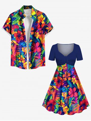 Tropical Leaf Hibiscus Flower Print Plus Size Matching Hawaii Beach Outfit For Couples - BLUE