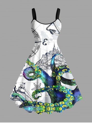 Plus Size Octopus Starfish Anchor Castle Print Hawaii Tank Dress - WHITE - 2X