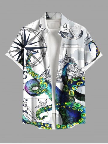 Plus Size Octopus Starfish Anchor Castle Print Buttons Pocket Hawaii Shirt For Men - WHITE - S