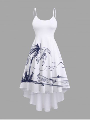 Plus Size Coconut Tree Boat Seascape Print High Low Hawaii Cami Dress - WHITE - 6X