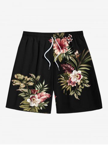 Plus Size Tropical Leaf Hibiscus Flowers Print Hawaii Beach Shorts For Men - BLACK - 2XL