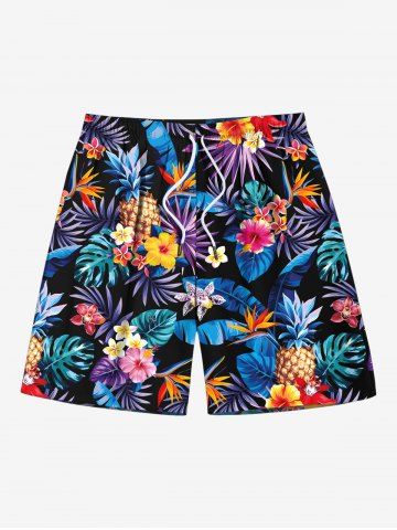 Plus Size Tropical Leaf Hibiscus Flowers Pineapple Print Hawaii Beach Shorts For Men - BLACK - 7XL