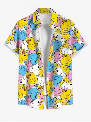 Plus Size Colorful Ducks Print Buttons Pocket Hawaii Shirt For Men - YELLOW - L