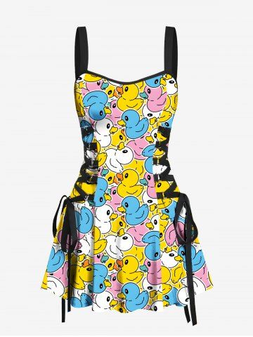 Colorful Ducks Print Lace Up Hawaii Tank Dress - YELLOW - S