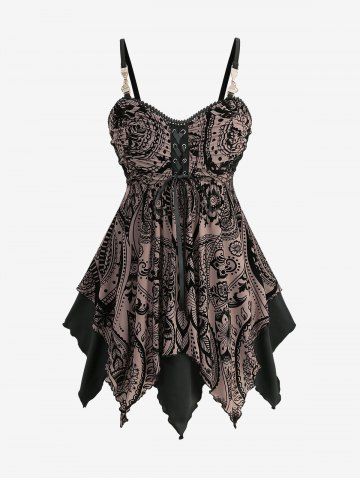 Plus Size Floral Mesh Flocking Lace Up Layered Handkerchief Cami Top(Adjustable Shoulder Strap) - COFFEE - 3X | US 22-24