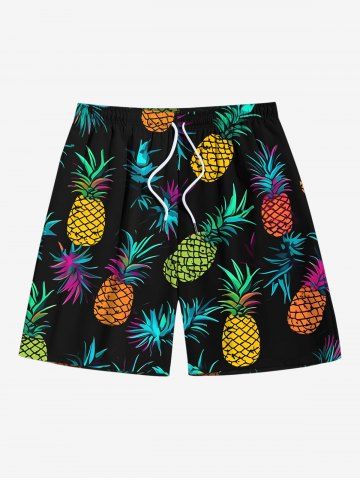 Plus Size Colorful Pineapple Print Hawaii Drawstring Beach Shorts For Men - BLACK - 7XL