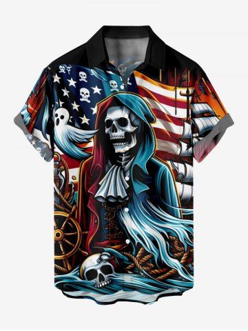 Plus Size Skull Anchor Rudder Ghost Patriotic American Flag Cruise Print Hawaii Button Pocket Shirt For Men - BLACK - 5XL