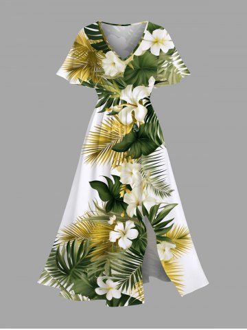 Plus Size Tropical Leaf Hibiscus Flowers Print Split Hawaii Midi Dress - GREEN - XXS