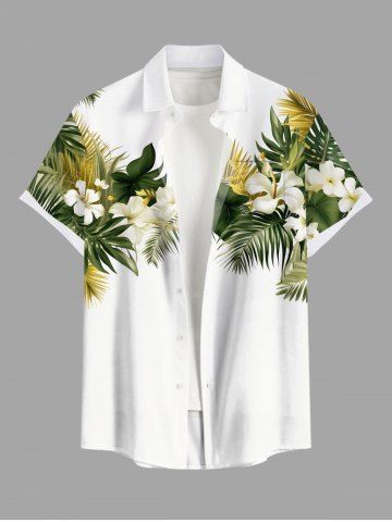 Plus Size Tropical Leaf Hibiscus Flowers Print Buttons Pocket Hawaii Shirt For Men - WHITE - XL