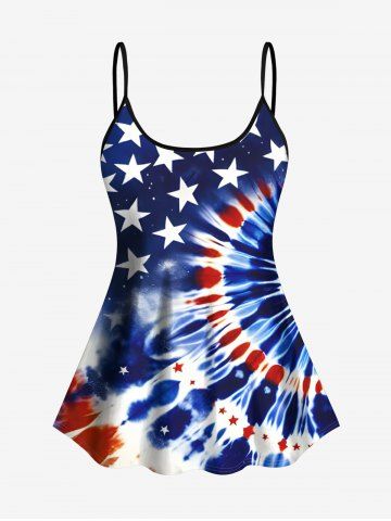 Spiral Tie Dye Patriotic American Flag Print Tankini Top(Adjustable Shoulder Strap) - BLUE - XS