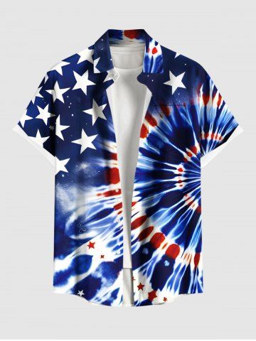 Plus Size Spiral Tie Dye Patriotic American Flag Print Button Pocket Shirt For Men - BLUE - M