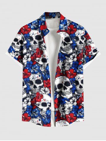 Plus Size Skulls Two Tone Floral Patriotic American Flag Print Hawaii Button Pocket Shirt For Men - BLUE - S