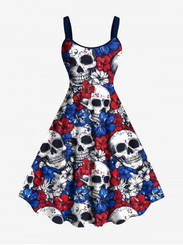 Plus Size Skulls Two Tone Floral Patriotic American Flag Print Hawaii A Line Tank Dress - BLUE - 5X