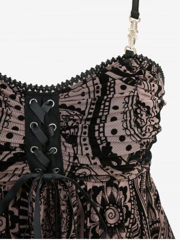 Plus Size Floral Mesh Flocking Lace Up Layered Handkerchief Cami Top(Adjustable Shoulder Strap)