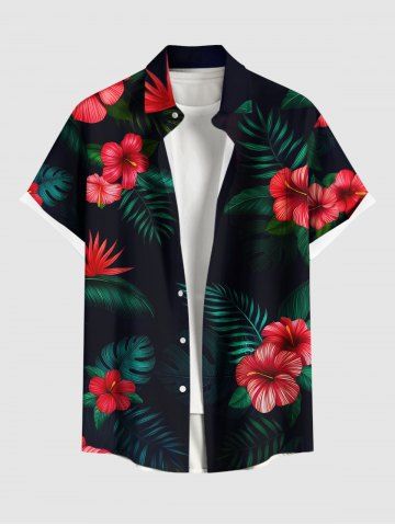 Chemise hawaïenne grande taille pour homme, imprimée de fleurs d'hibiscus et de feuilles tropicales, avec boutons et poche. - BLACK - 4XL