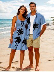 Tenue de plage hawaïenne assortie grande taille avec imprimé cocotier et peinture à l'encre pour couples - Bleu 