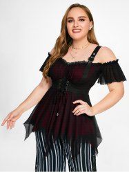 Chemisier Asymétrique Bouclé en Maille à Epaule Dénudée Grande Taille à Lacets à Volants - Noir 3X | US 22-24