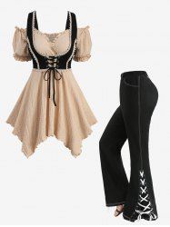 Textured Ruffles Crochet 2 in 1 Corset Top and Split Lace Up Grommet Topstitching Pockets Flare Pants Plus Size Outfit -  