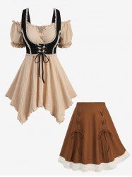 Textured Ruffles Crochet 2 in 1 Corset Top and Ethnic Lace Up Hollow Out Trim Patchwork A Line Skirt Plus Size Outfit -  