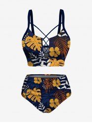 Tropical Leaf Branch Flower Print Hawaii Lace Up Tankini Top and Swim Bottom Plus Size Matching Set -  