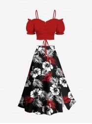 Cinched Solid Top and Two Tone Tropical Leaves Hibiscus Floral Print Hawaii Split A Line Skirt Plus Size Matching Set -  
