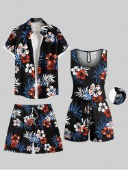 Ensemble chemise hawaïenne, short et barboteuse grande taille, tenue de plage à imprimé feuilles tropicales et hibiscus pour couples - Noir 