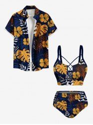 Tropical Leaf Branch Flower Print Shirt Swimsuit Plus Size Matching Hawaii Beach Outfit For Couples -  