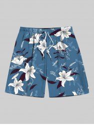 Plus Size Floral Leaves Branch Print Hawaii Drawstring Beach Shorts For Men -  
