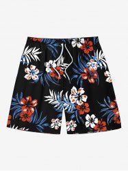 Plus Size Tropical Leaf Flower Print Hawaii Drawstring Beach Shorts For Men -  