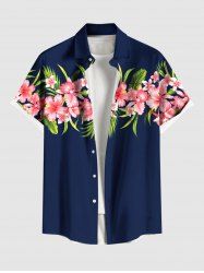 Plus Size Tropical Leaf Hibiscus Flower Print Hawaii Button Pocket Shirt For Men -  