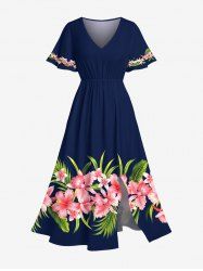 Plus Size Tropical Leaf Hibiscus Flower Print Hawaii Pocket Split A Line Midi Dress -  