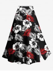 Plus Size Two Tone Tropical Leaf Hibiscus Flower Print Hawaii Split A Line Skirt -  