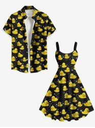 Tenue de plage hawaïenne assortie grande taille à imprimé vagues et canards pour couples - Noir 