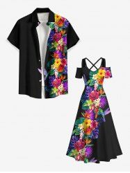 Tropical Leaf Hibiscus Flower Bird Print Plus Size Matching Hawaii Beach Outfit For Couples -  