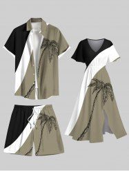 Coconut Tree Colorblock Print Plus Size Matching Hawaii Beach Outfit For Couples -  