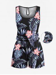 Plus Size Tropical Leaf Hibiscus Flowers Print Cinched Hawaii Romper -  