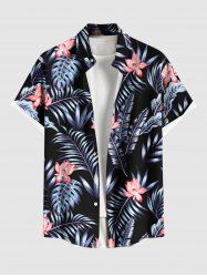Plus Size Tropical Leaf Hibiscus Flowers Print Buttons Pocket Hawaii Shirt For Men -  