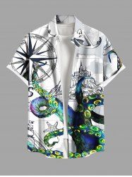 Chemise hawaïenne grande taille à imprimé poulpe, étoile de mer, ancre, château, boutons et poches pour homme - Blanc S
