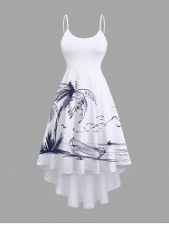 Robe caraco hawaïenne grande taille à imprimé paysage marin, bateau et cocotier - Blanc 6X