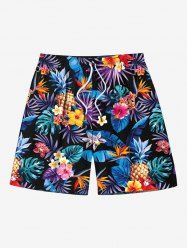 Plus Size Tropical Leaf Hibiscus Flowers Pineapple Print Hawaii Beach Shorts For Men -  