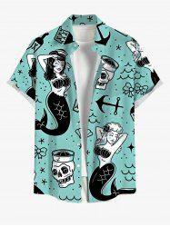 Plus Size Mermaid Bowknot Skulls Anchor Print Buttons Pocket Hawaii Shirt For Men -  
