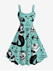 Plus Size Mermaid Bowknot Skulls Anchor Print Hawaii Tank Dress -  