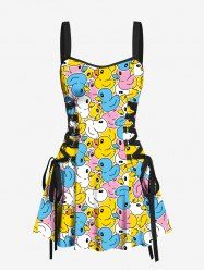 Colorful Ducks Print Lace Up Hawaii Tank Dress -  