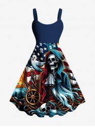 Plus Size Skull Anchor Rudder Ghost Patriotic American Flag Cruise Print Hawaii A Line Tank Dress -  