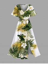 Plus Size Tropical Leaf Hibiscus Flowers Print Split Hawaii Midi Dress -  