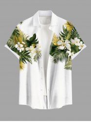 Plus Size Tropical Leaf Hibiscus Flowers Print Buttons Pocket Hawaii Shirt For Men -  